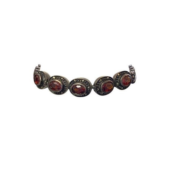 Silver .925 Ladies 7.5" Chain Bracelet Faux Faceted Red Stones - Picture 3 of 8